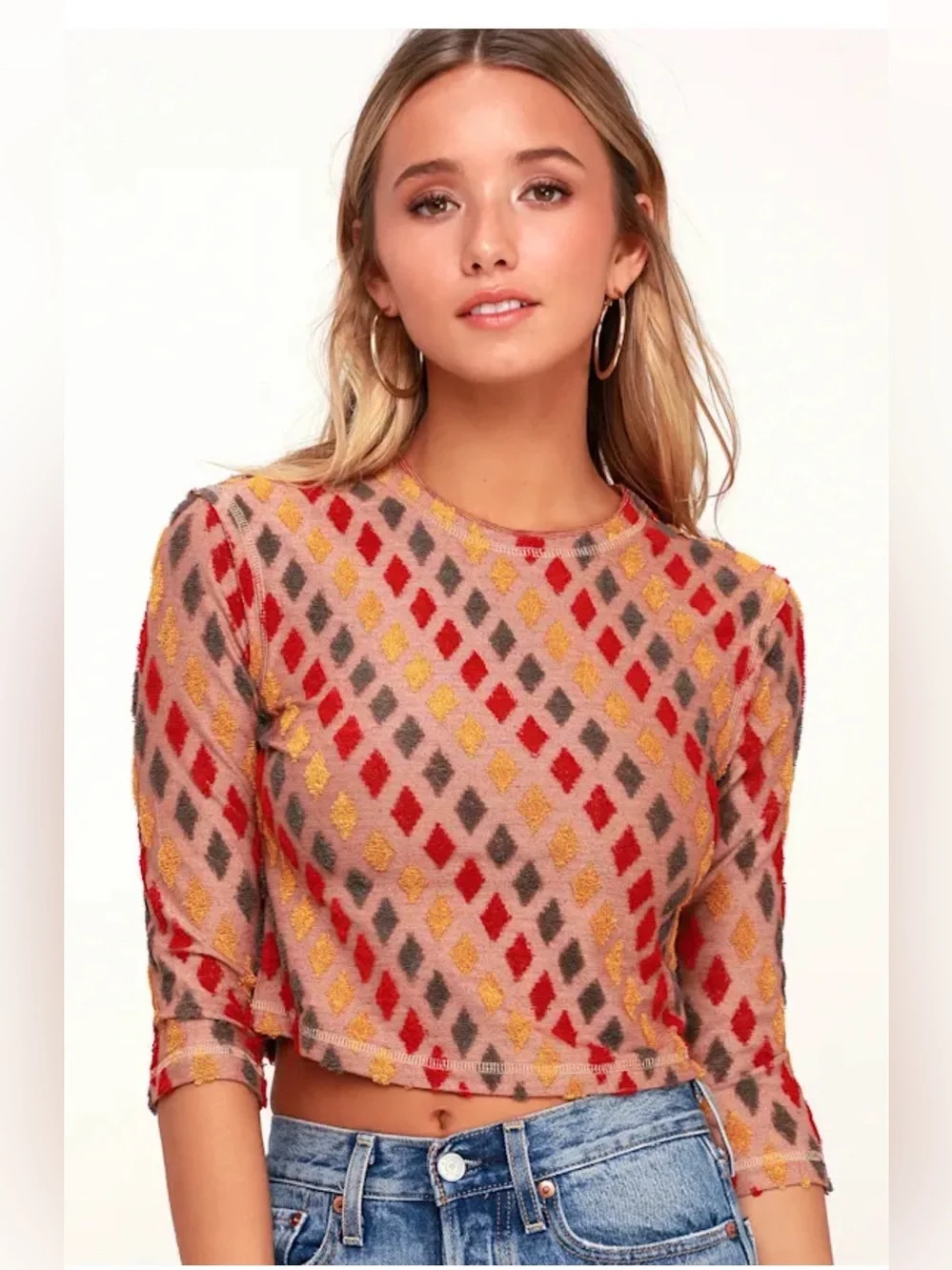 NWT Free People Magic Carpet Red Multi Terry Cloth Crop Top small $48